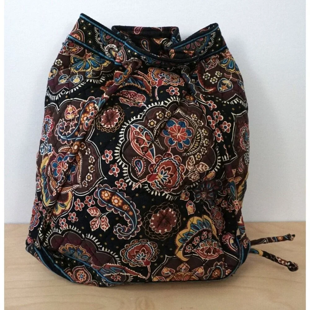 VERA BRADLEY Black Blue Yellow Quilted Floral Drawstring Cinch Backpack